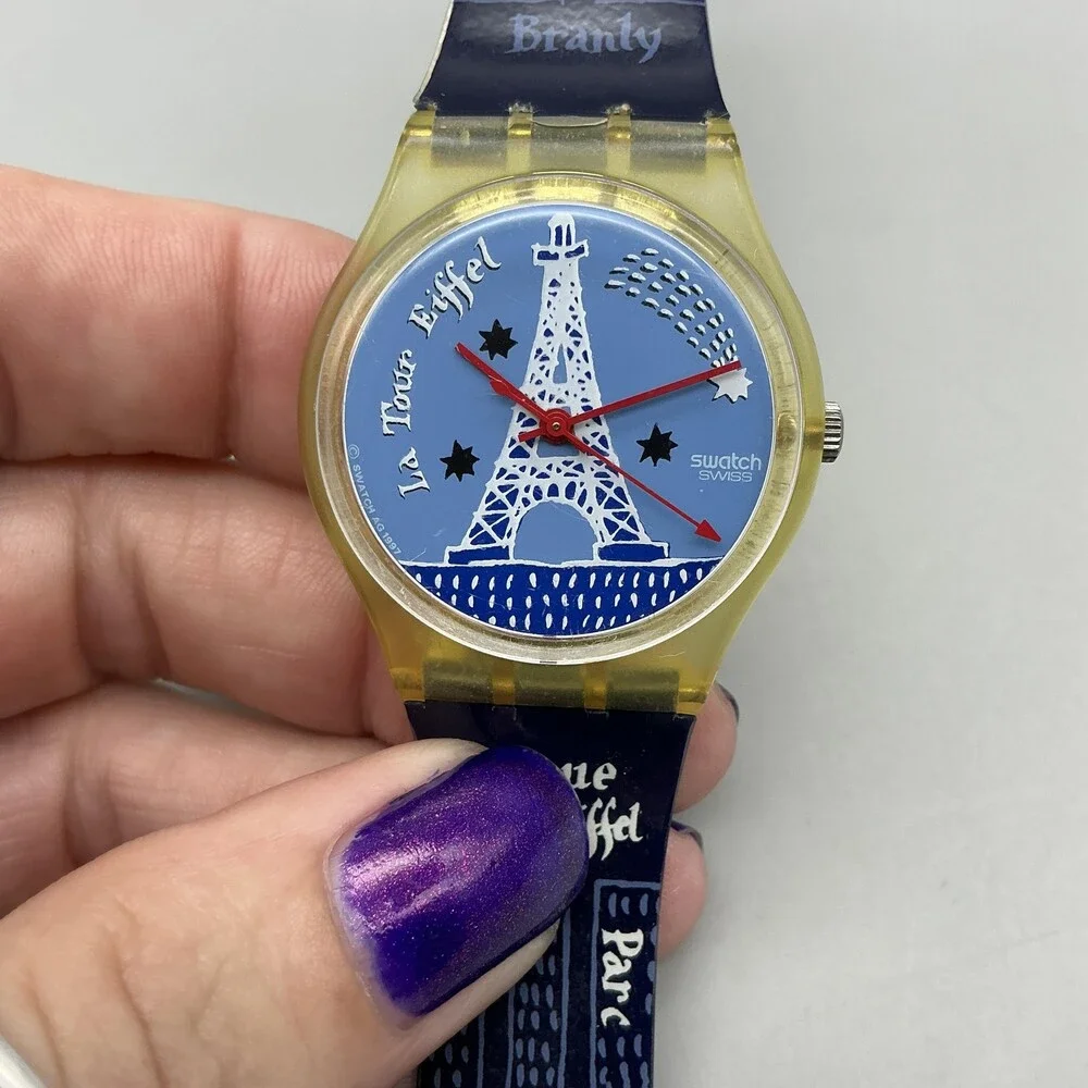 Swatch Gent Titi Parisien Womens Watch 34mm Blue Dial Blue Strap New Battery